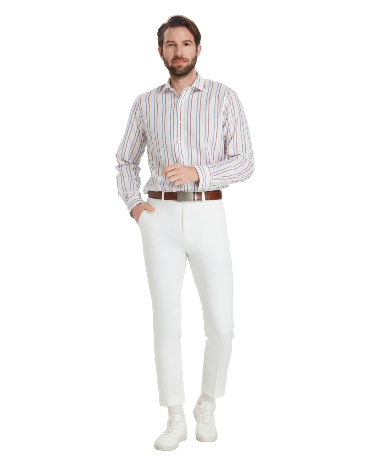 Мужская рубашка Bar III Slim-Fit Linen Oslo Stripe Dress Shirt, цвет: Белый комбинированный — фото 9