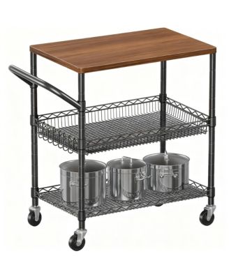 Kitchen Cart with Wood Top, 8 Hooks, Adjustable Shelves, & 4 Lockable Wheels