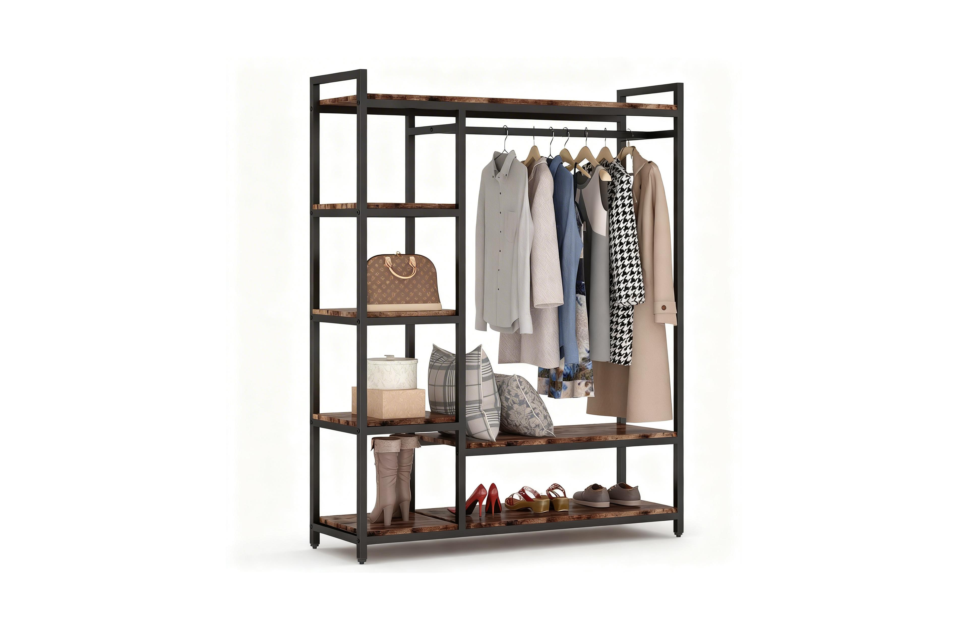 Yigii Heavy Duty Metal Frame Closet Organizer with Shelves and Rods for Clothes