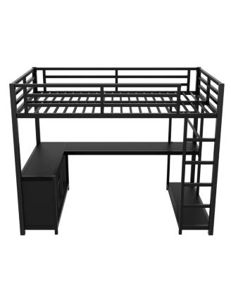 Metal Loft Bed with Wardrobe, L-shaped Desk & Storage, Twin XL