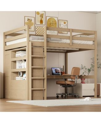  Wood Full Loft Bed w/ Wardrobe, Desk, Storage & Drawers, Walnut