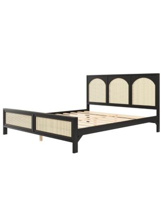 Queen Wood Platform Bed with Rattan Headboard/Footboard