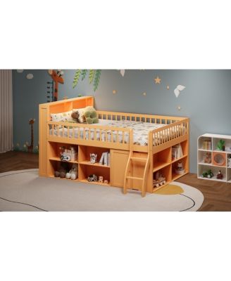 Queen Size Loft Bed with Storage, Headboard with LED Light, Natural