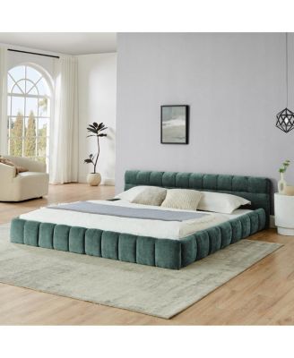  King Upholstered Bed Frame with Chenille Fabric, No Box Spring Needed