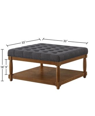Large Tufted Linen Ottoman Coffee Table with Solid Wood Shelf