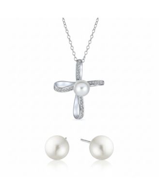 Elegant Simulated Pearl Infinity Cross Necklace & Classic 8MM Pearl Stud Earrings Jewelry Set Sterling Silver