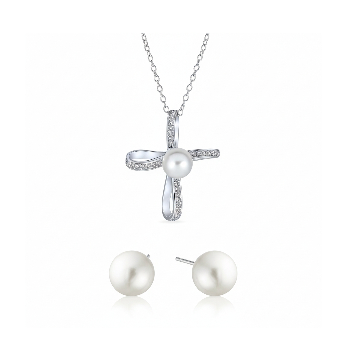 Bling Jewelry Elegant Simulated Pearl Infinity Cross Necklace & Classic 8MM Pearl Stud Earrings Jewelry Set Sterling Silver