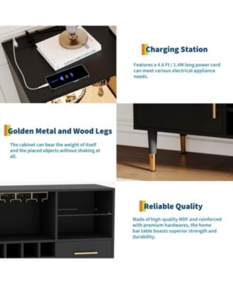 47-Inch Wood LED Light & Charging Station Wine Bar Cabinet