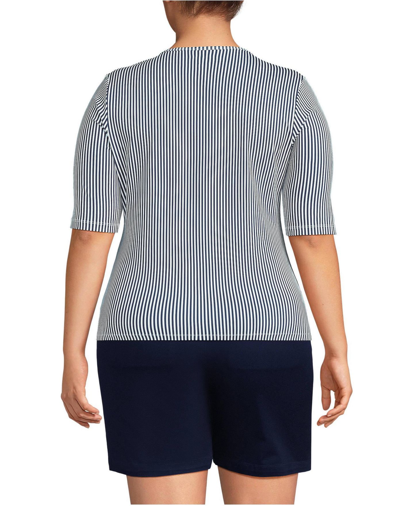 Женские футболки Lands' End Plus Size Elbow Sleeve Crewneck Garden Tee- Sunshade UPF 50 Quick Dry, цвет: Морской тёмно-синий полосатый — фото 2