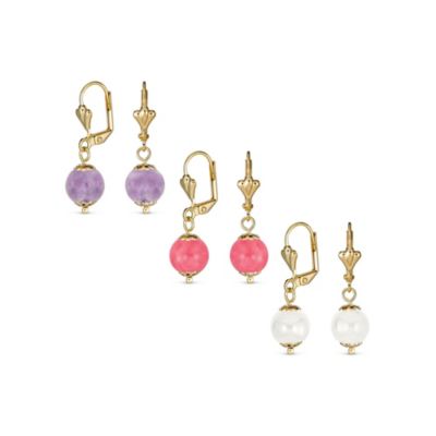 Set of 3 Round Natural Amethyst Pink Quartz White Onyx Drop Ball Earrings Gold Plated