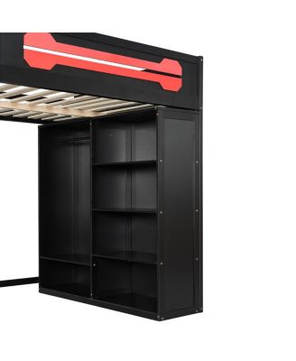 Streamdale Full Size Wood Loft Bed with Desk, Open Wardrobe and RGB Light