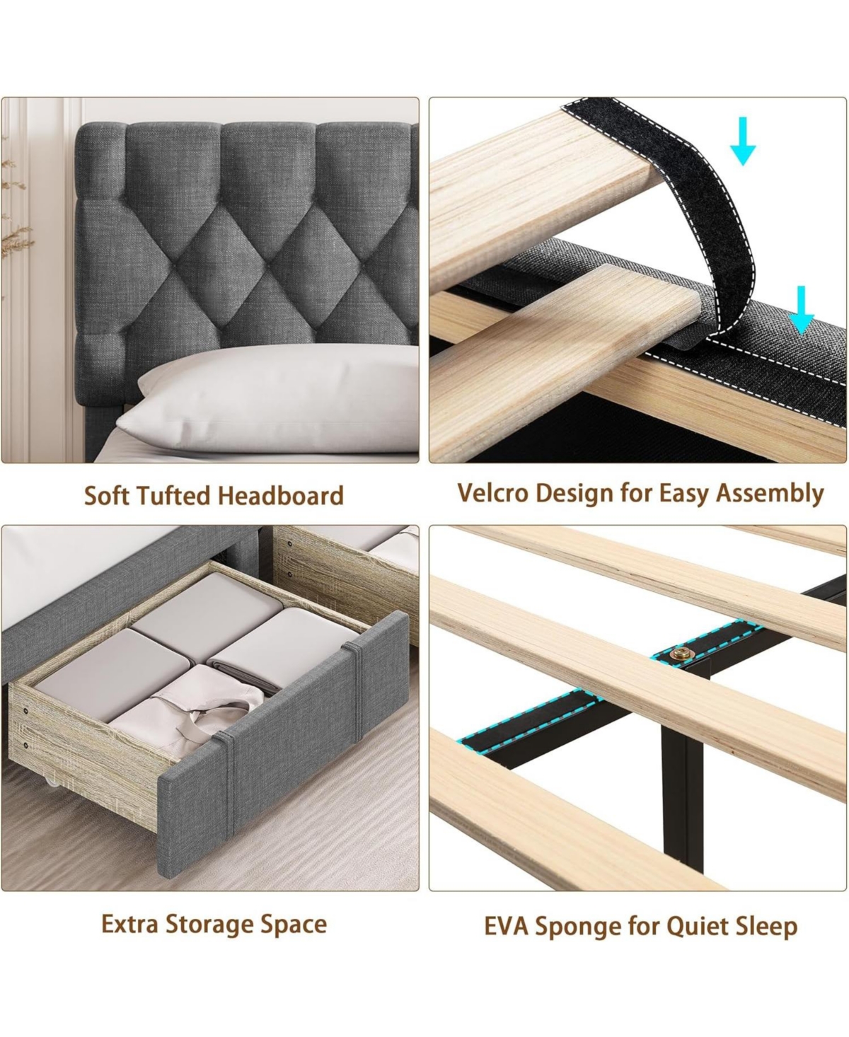 gaomon Full Bed Frame, Upholstered Platform Frame with Storage Drawers, Mattress Foundation Solid Wooden Slats Support,