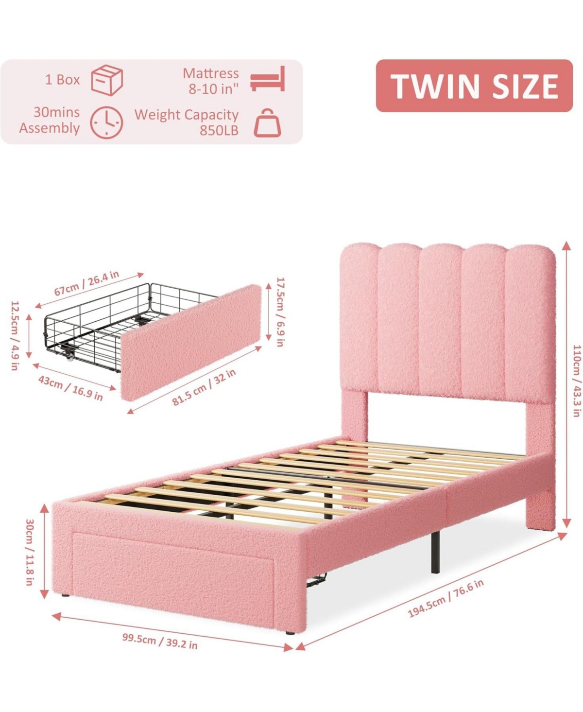gaomon 2 Sets Bed Frame with Under-Bed Drawer, Upholstered Platform Bed with Wave Headboard for Kids/Girls, Wooden Slats Support