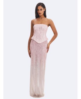Women's Tosca Pink-to-White Beaded Gradient Strapless Maxi Dress