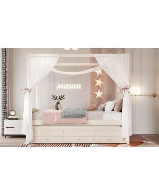 Twin Upholstered Platform Bed with Trundle, 3 Drawers & Canopy