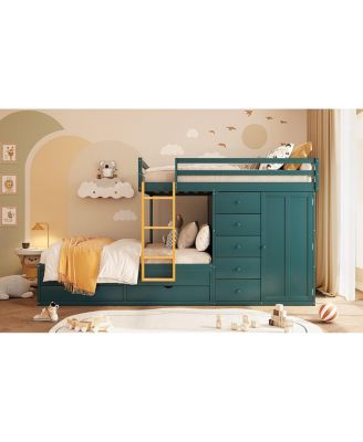 Full Size Bunk Bed with 2 Large & 5 Small Drawers, Wardrobe