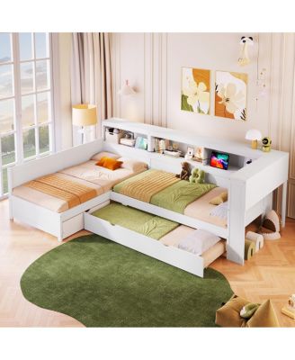 Wood Twin L-shaped Platform Bed with Trundle & Drawer