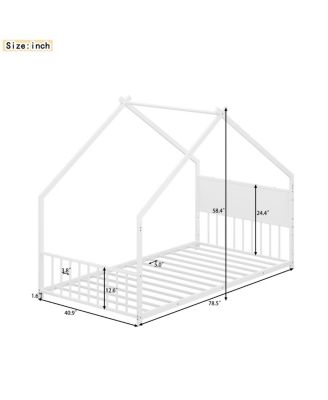 Twin Size House Bed with Roof & Lights, Metal Frame, No Box Spring
