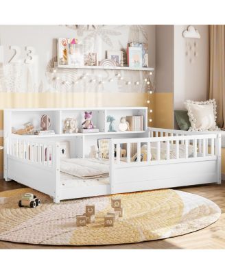  Wooden Floor Bed With Fence Guardrail & Side Storage