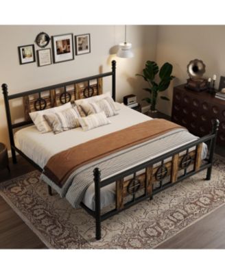 King Size Bed Frame with Headboard and Footboard, Metal King Bed Frame w/Vintage Circular Design & Storage Space Under Bed,Easy Assembly