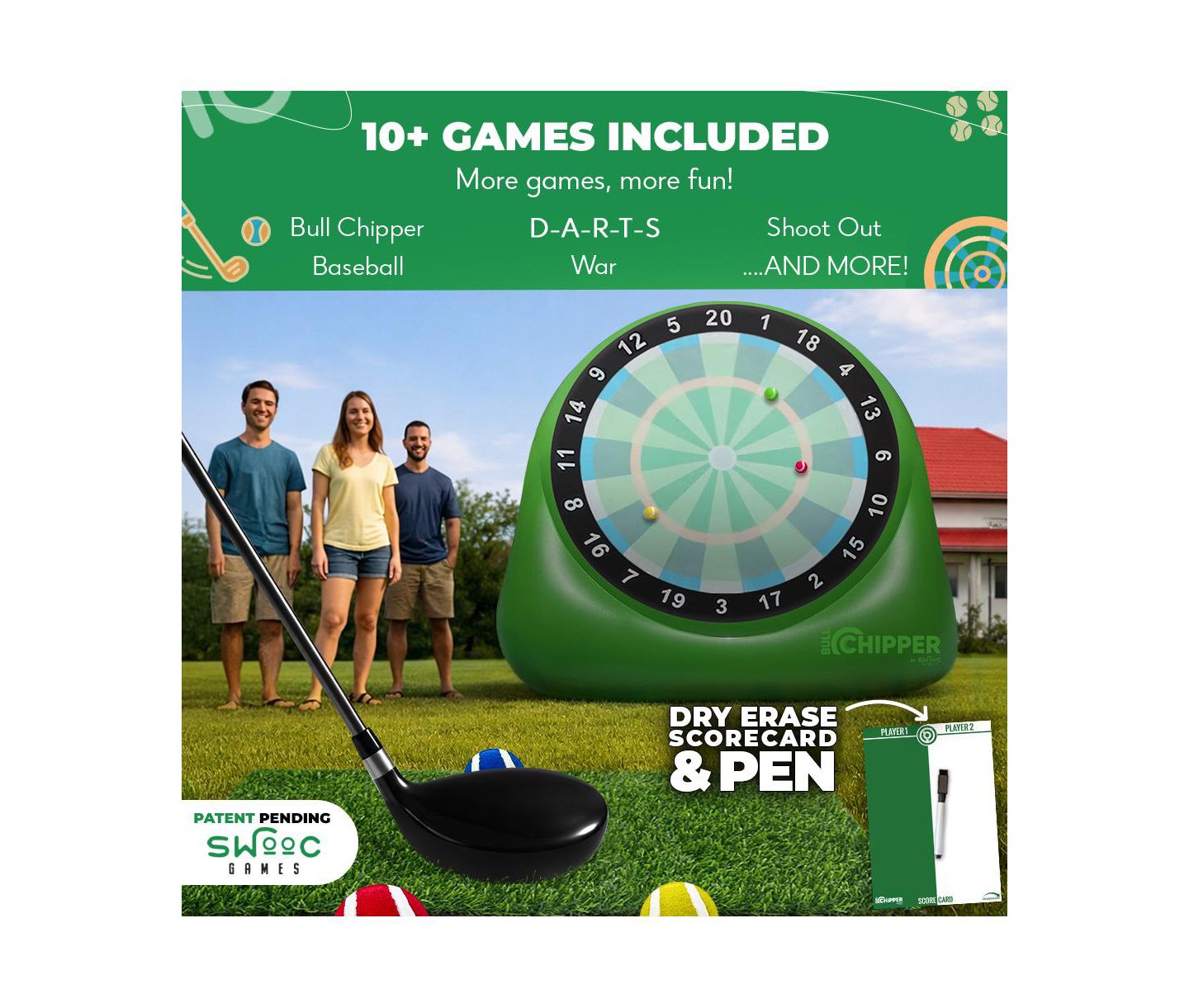 Детская игрушка SWOOC Xl Bull Chipper Giant Golf-and-Darts Game with 10+ Games, For 2-8 Players, Ages 5 & Up, цвет: Зелёный — фото 3