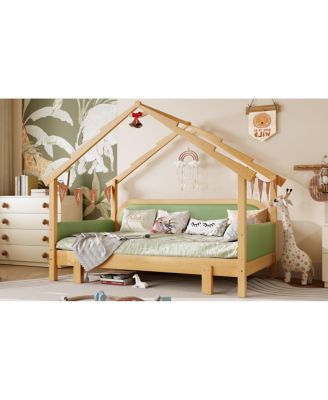Twin Size Wood Treehouse Bed with Soft Cushion Rails