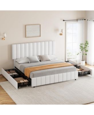 White Queen PU Leather Upholstered Bed Frame with 4 Storage Drawers, Adjustable Headboard, Sturdy Wooden Slats