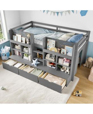 Loft Bed with Multi-Storage Shelves & Curtain, Chalkboard