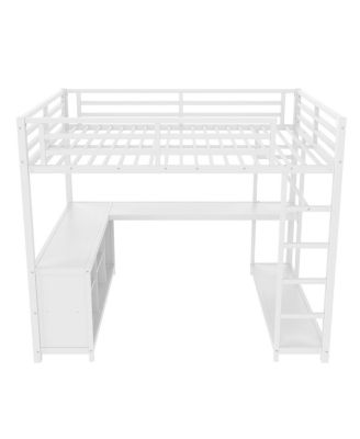  Metal Loft Bed with Wardrobe, L-shaped Desk & Storage