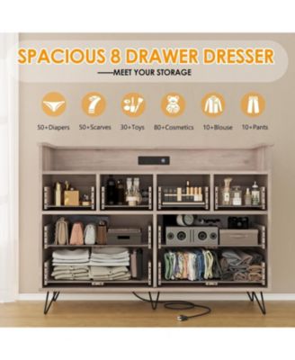 Dresser for Bedroom with LED Light & Charging Station, 8 Drawers with Open Space, Vintage Chest of Wide Drawers for Living Room.