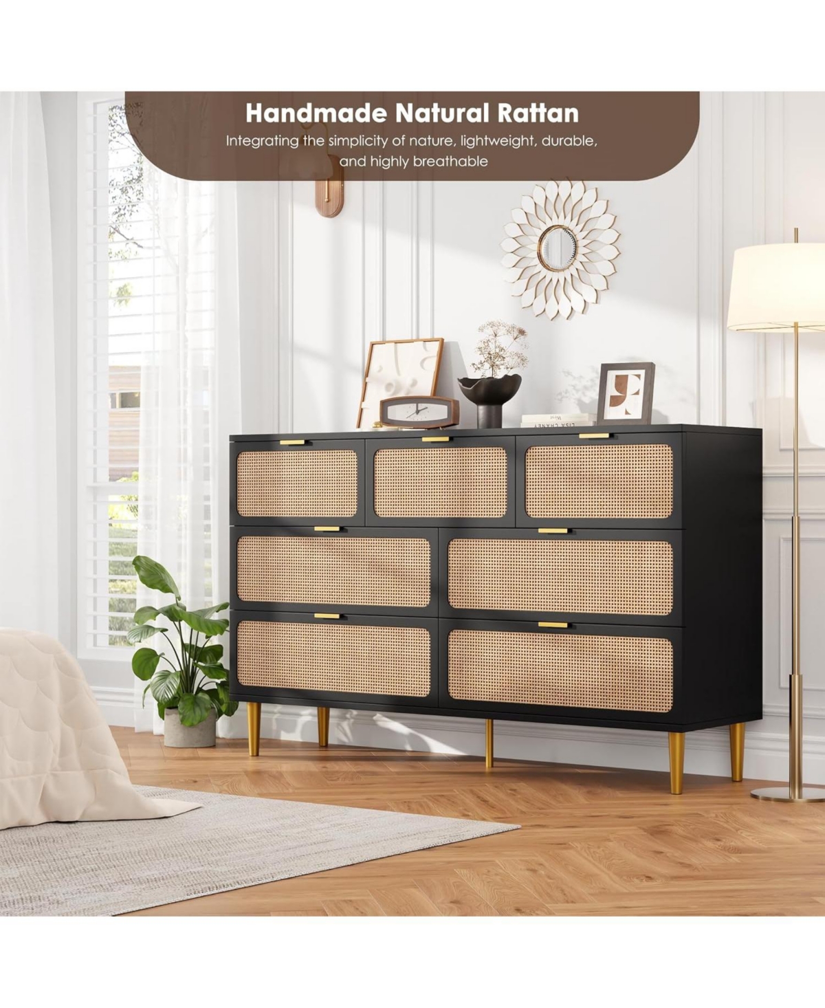 gaomon Rattan 7 Drawer Dressers for Bedroom, Tall Dresser with Deep Drawers, Large Chest of Drawers for Closet with Wide Top, Long Wooden Dresser