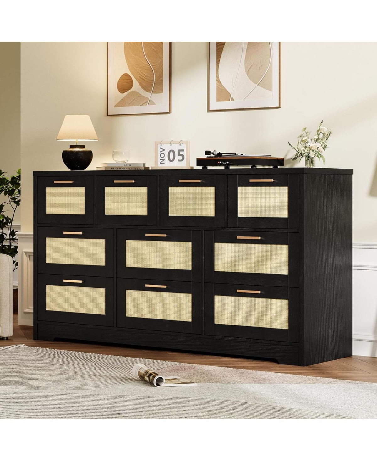 Gaomon 10 Drawers Dresser for Bedroom, Rattan Chest of with Spacious Tabletop & Handles, Closet Organizer Tv Stand