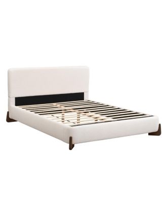 Elegant white queen upholstered bed with dark brown solid wood legs
