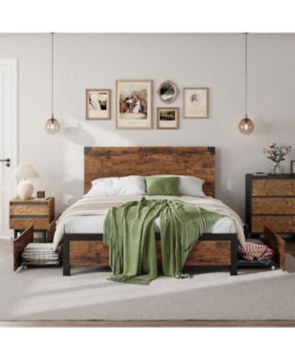  Bed Frame with Wooden Headboard – Features a Platform Design with Under-Bed Storage and Metal Legs, Noise-Free Operation