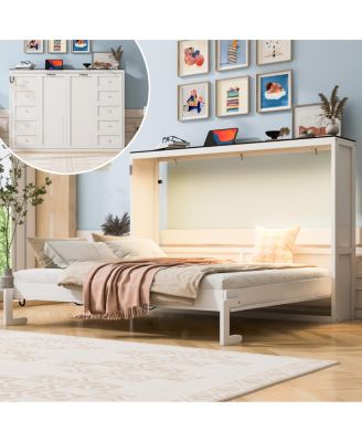 Queen Size Murphy Bed with LED Light, Foldable Cabinet