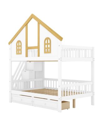 Full Size Wooden House Roof Bunk Bed with Window, Door, Storage & Stairs