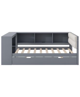 Wood Twin Platform Bed w/Storage, Trundle, Charging Station