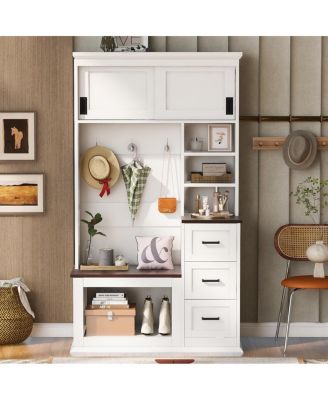 Modern Entryway Bench with Coat Rack, 3 Shelves, Drawers & Hooks