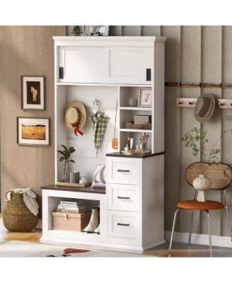 Modern Entryway Bench with Coat Rack, 3 Shelves, Drawers & Hooks