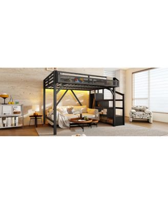 Full Loft Bed with Storage Stairs, Shelves, Wardrobe, USB, LED Lights