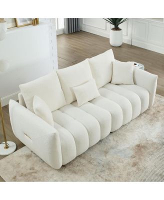 Teddy Fabric Sofa w/ 3 Pillows & Cushions, Solid Wood Frame 3-Seater