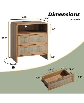 Rattan Nightstand with Charging Station, 2 Drawers, 22.8" Wide Bedside Table