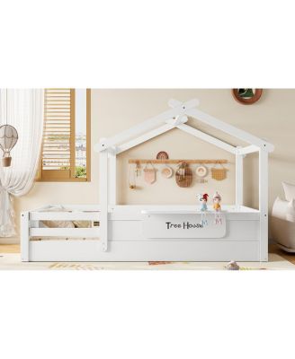 Twin Size House Floor Bed with Guardrails, Roof, Tray & Signboard