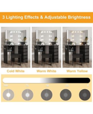 Makeup Vanity Desk with Lights and Power Outlet, Corner Vanity Table with 5 Rotating Drawers, Adjustable 3 Color Lighting, Shelves and Stool