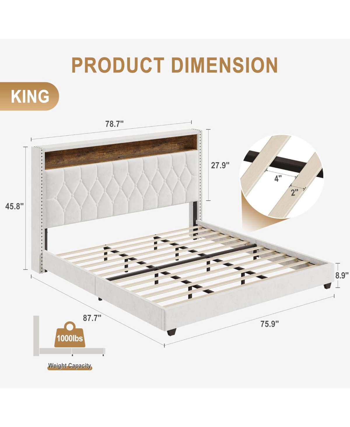 gaomon Upholstered Bed Frame with Headboard and Led Lights, Charging Station