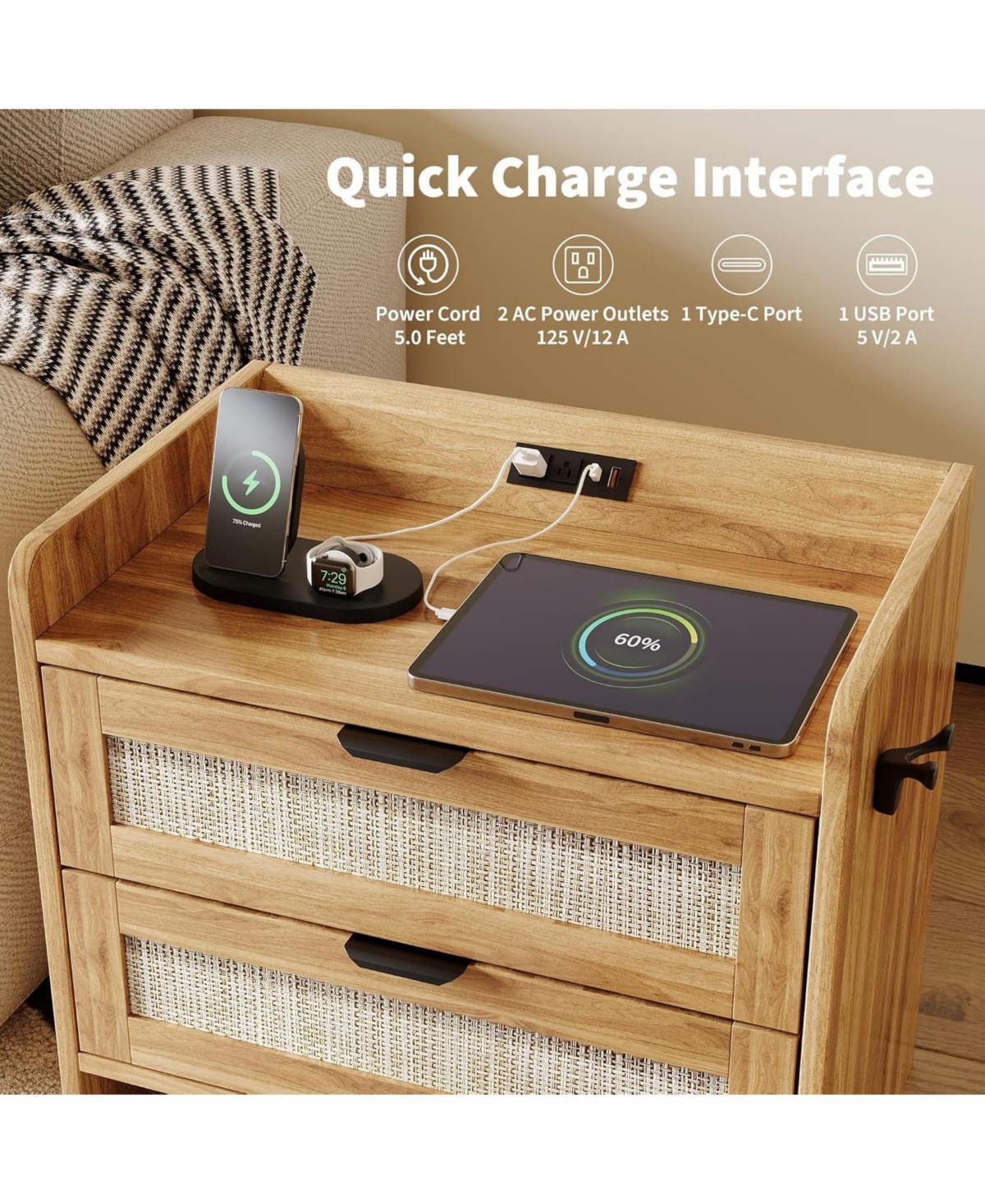 gaomon Rattan Bedside Table Nightstand, 2 Drawer, 1 Pcs Cabinet, Bedroom Organizer and Storage Cabinet