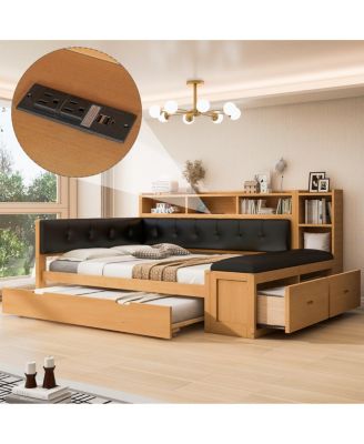 Full Size Wood Daybed with Trundle, Storage, Charging Station