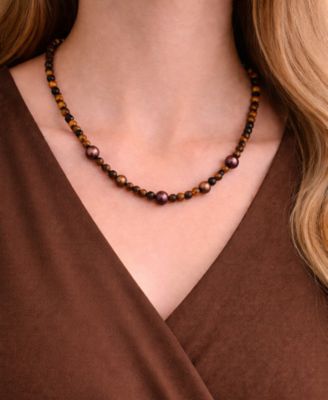 Tiger Eye (4mm) and Chocolate Freshwater Pearl (7-8mm) Necklace in Sterling Silver