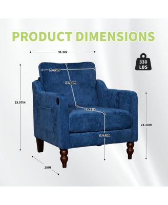 Accent Chenille Chair w/USB, Mid+, Soft+, High-support Sponge, Ergonomic Backrest, Wooden Legs, Storage