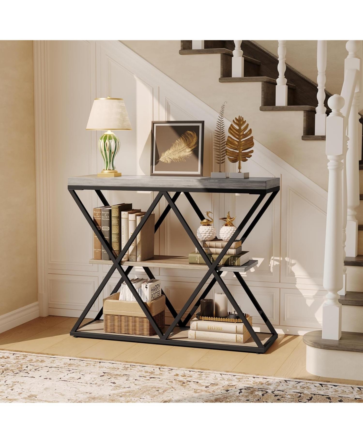 gaomon 3-Tier Industrial Entryway Table with x-Shaped Metal Frame, Open Shelf Console Sofa for Living Room, Hallway